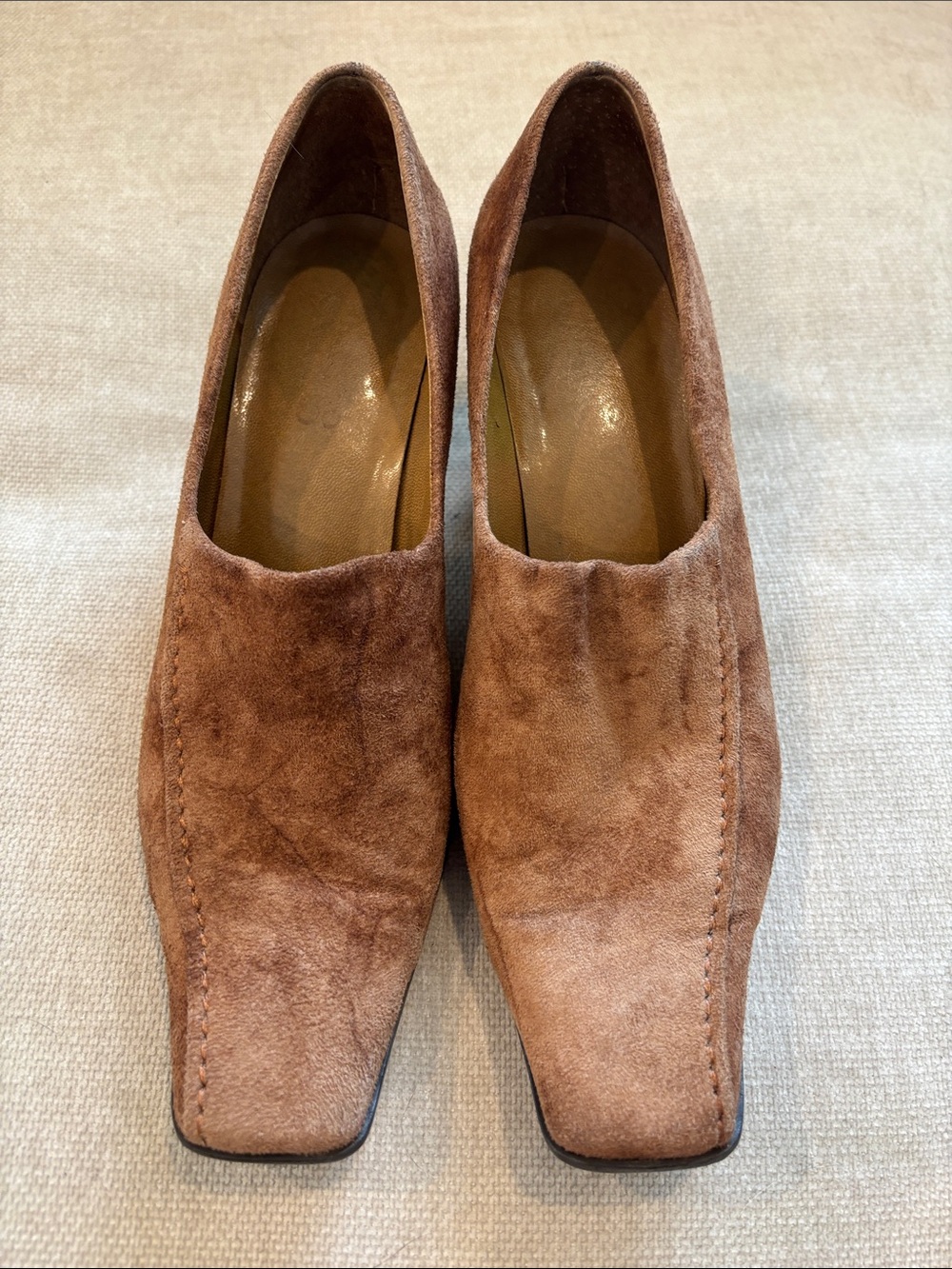 Vintage Franco Sarto Brown Suede Square Toe Pumps Chunky Block Heel -Y2K Vibe